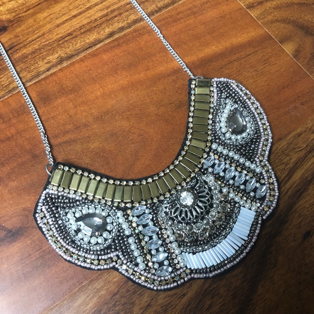 Embellished silver gold beaded statement necklace